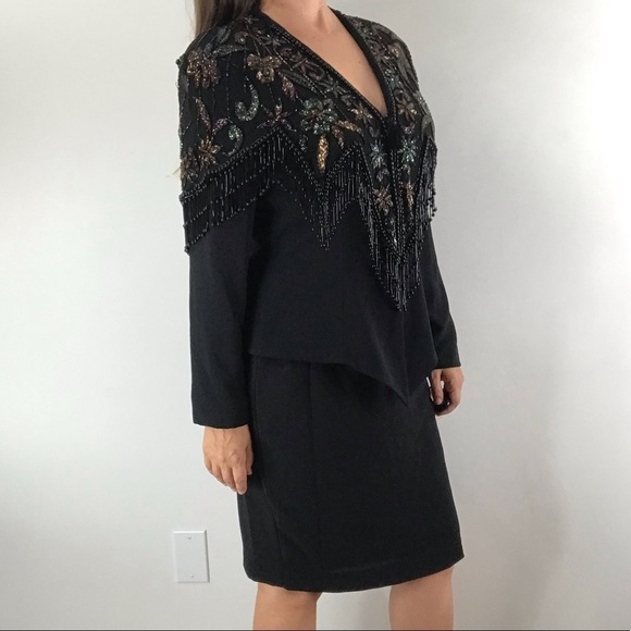 CASADEI Vintage Black Beaded Floral Fringe Cocktail Blazer Jacket Skirt Suit Set - Picture 4 of 16